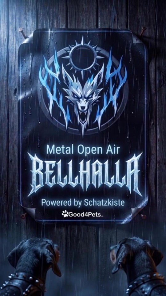 Festivalplakat BELLHALLA OPEN AIR, davor zwei Hunde in Nietenjacken im Regen